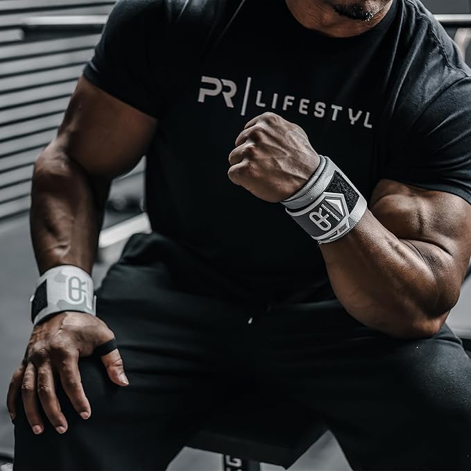 PR Personal Record Heavy Duty Premium Wrist Wraps, More Elasticity, Reinforced Stitching, Extra Wide Strap, Strong Thumb Loop, Larry Wheels Weightlifting Wraps