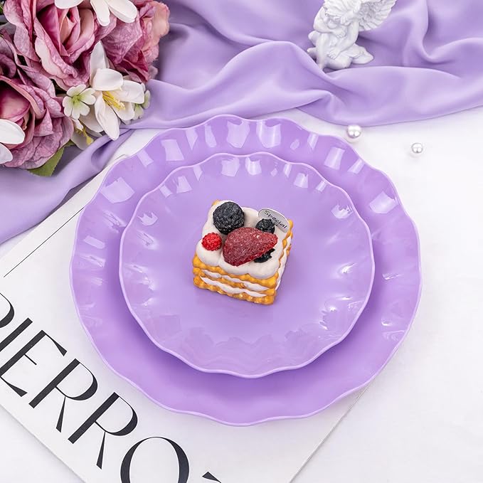 LIYH 24pcs Purple Plastic Plates Reusable, Unbreakable Dinner Plates, Scalloped Plate, Microwave & Dishwasher Safe Unbreakable Party Plate for Birthday Party (12Guests)