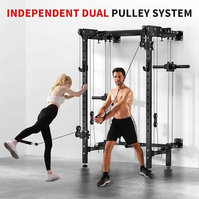JEEKEE Folding Wall Mounted Power Rack with 180LB Weight Stack, 2400LB 2×3 Heavy Duty Squat Rack, Dual Cable Crossover System 1:1 Ratio, Functional Trainer for Home Gym Small Space,Black