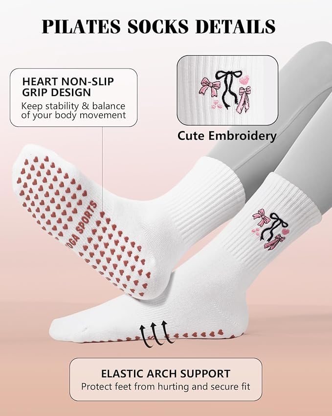 yeuG Pilates Socks for Women Non Slip Grip Socks for Yoga, Barre, Hospital, Barefoot Grippy Yoga Sock Womens Gifts 4 Pairs