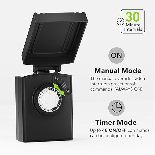 BN-LINK 24 Hour Heavy Duty Mechanical Timer, Outdoor Timer Outlet Waterproof with 30 Minutes Intervals, 2 Grounded Outlets for Christmas Lights Pool Pump,15A 1/2HP, ETL Listed（2 Pack）
