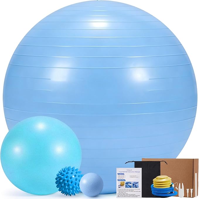 4Pcs Yoga Ball Set includes Large and 9in Pilates Balls, Massage & Spiky Ball for Fitness ,Anti-Burst Exercise Ball with Pumb for Pregnancy,Physical Therapy,Office Chair, Home Workout,3Sizes,3Colors