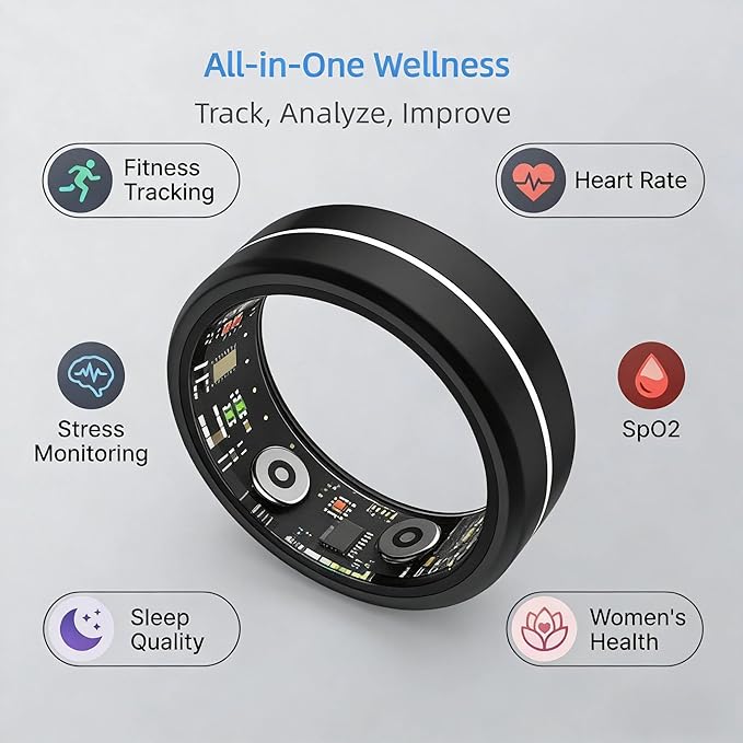 Smart Ring Health Tracker for Women Men, 24/7 Health Monitor(Heart Rate/Blood Oxygen/ HRV/Stress/Sleep Tracker) Waterproof Multisports Fitness Ring with Dedicated APP No Subscription Fee (Black, 10#)