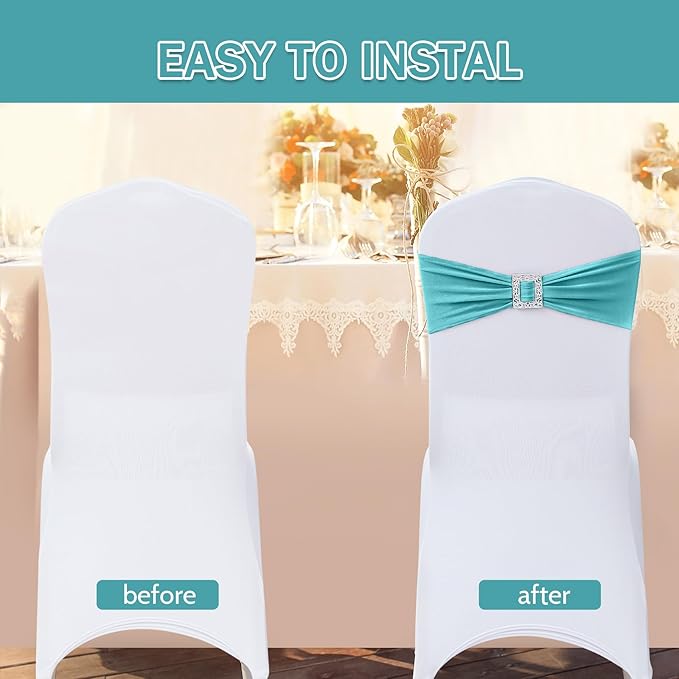Joccun 60 PCS Spandex Chair Sashes Bows Stretch Chair Cover Band with Buckle Slider Universal Elastic Chair Ties for Wedding Banquet Party Event Decoration (Turquoise)