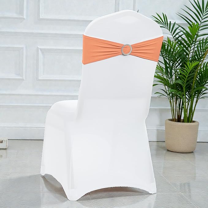 MDS Pack of 50 Spandex Chair Sashes Bow Premium Stretch Chair Cover Band with Buckle Slider Universal fits Elastic Dining Chair Ties for Wedding Party Banquet Events Decoration - Peach