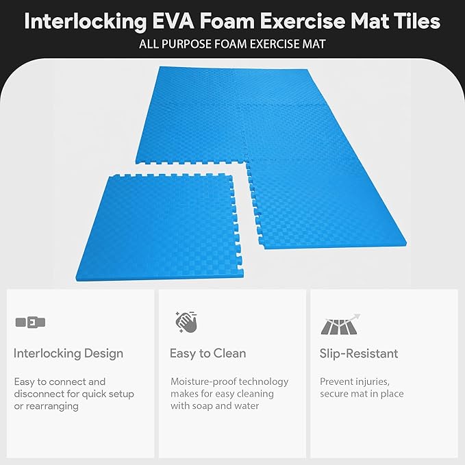 BalanceFrom Puzzle Exercise Mat 1' Thick, EVA Interlocking Foam Floor Tiles for Home Gym, Mat for Home Workout Equipment, Floor Padding for Kids, Blue, 24 in x 24 in x 1 in, 72 Sq Ft - 18 Tiles
