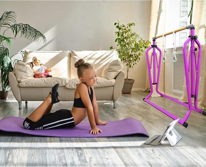 GLANT Gymnastics Bar for Kids with Rings Set, 7 Heights Adjustable Easy Folding Gymnastic Training Bar Kids Monkey Horizontal Bars - Max Load 300LBS