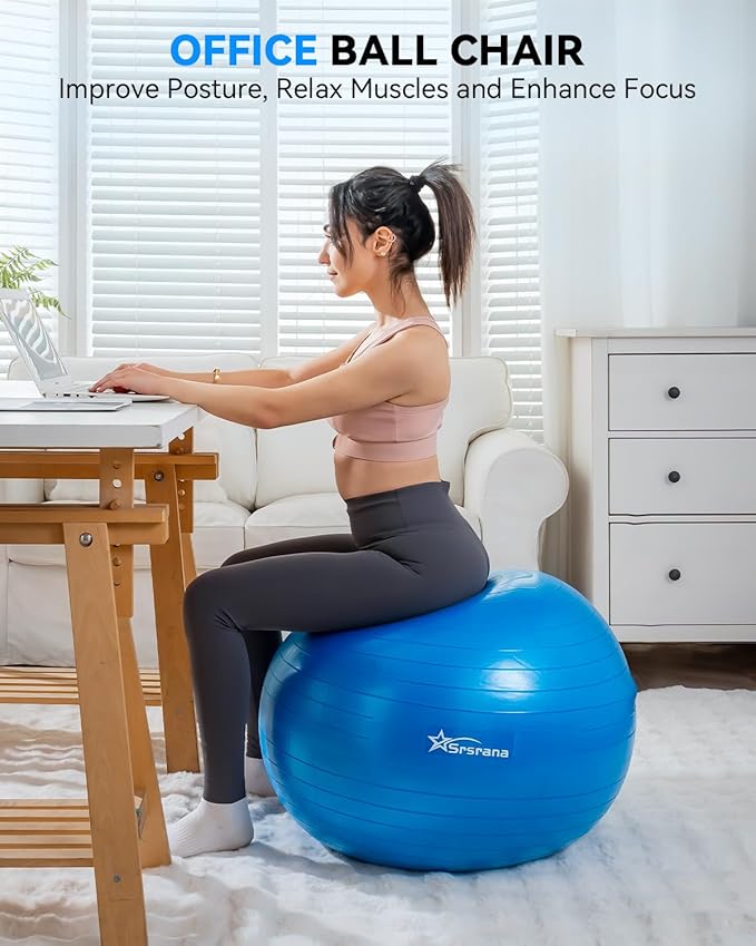 Exercise Ball - Anti-Burst Yoga Ball for Pilates, Pregnancy & Core Stability - Ergonomic Office Desk Ball Chair & Physical Therapy Equipment, Quick Pump Included