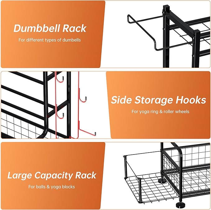 Garvee Dumbbell Rack, Weight Rack for Home Gym, Weight Rack for Dumbbells with Hooks, Home Gym Storage Rack for Yoga Mat Kettlebells and Strength Training Equipment, Powder Coated Finish Steel