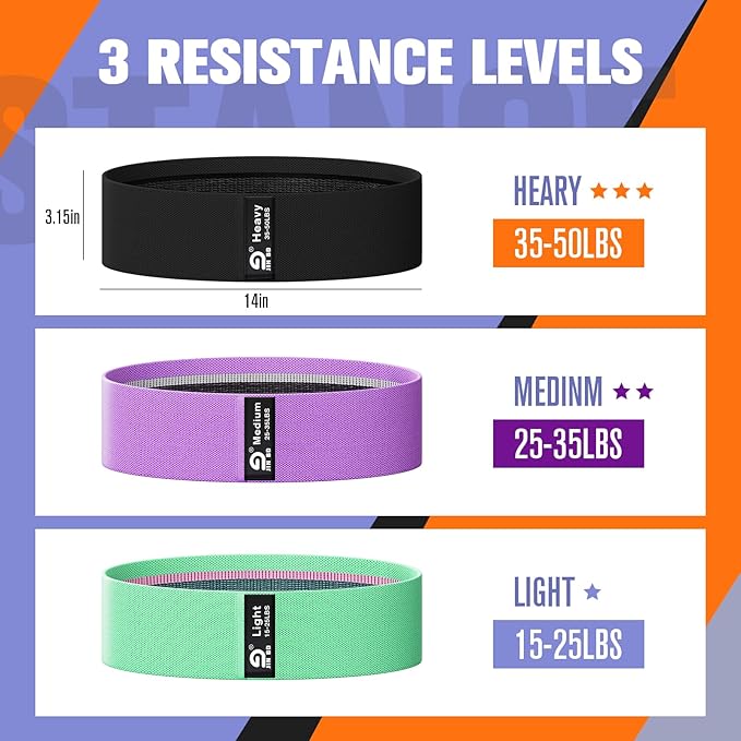 Booty & Resistance Bands – 3 Level Non-Slip Fabric Exercise Bands for Legs & Glutes, Women & Men, Squats, Hip Thigh Training, Yoga, Pilates, Home Workout