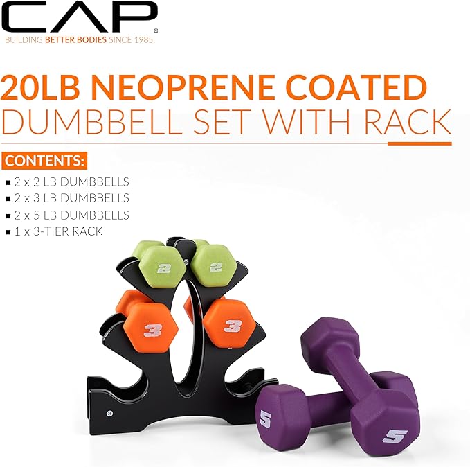 CAP 20 LB Set of Neoprene Dumbbells with Rack | 2, 3, 5 LB pairs