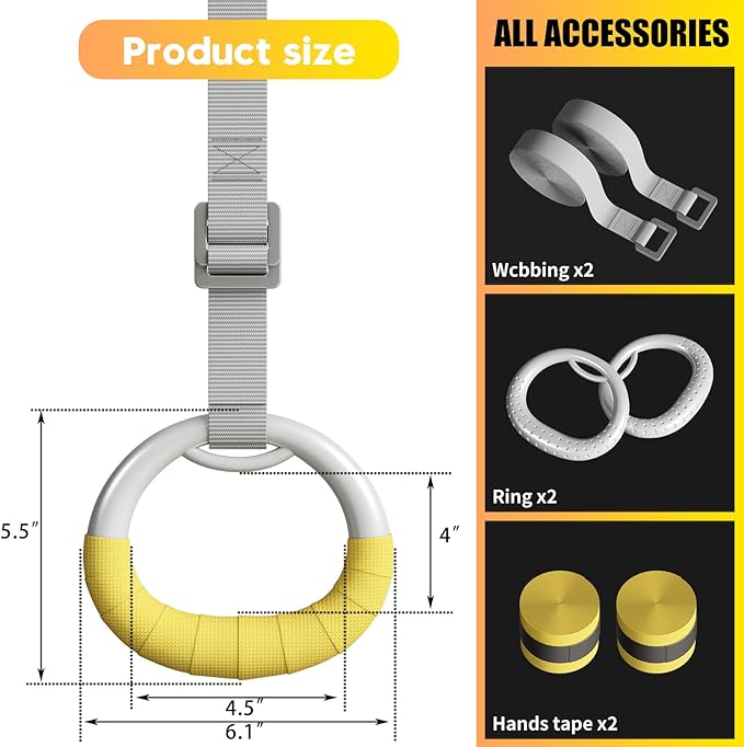 Gymnastic Rings, Both for Adults and Kids, Adjustable Strap Strength Home Exercise Gym Rings for Strength/Physical Training, Indoor Gym Anti -Slip Surface Design Rings