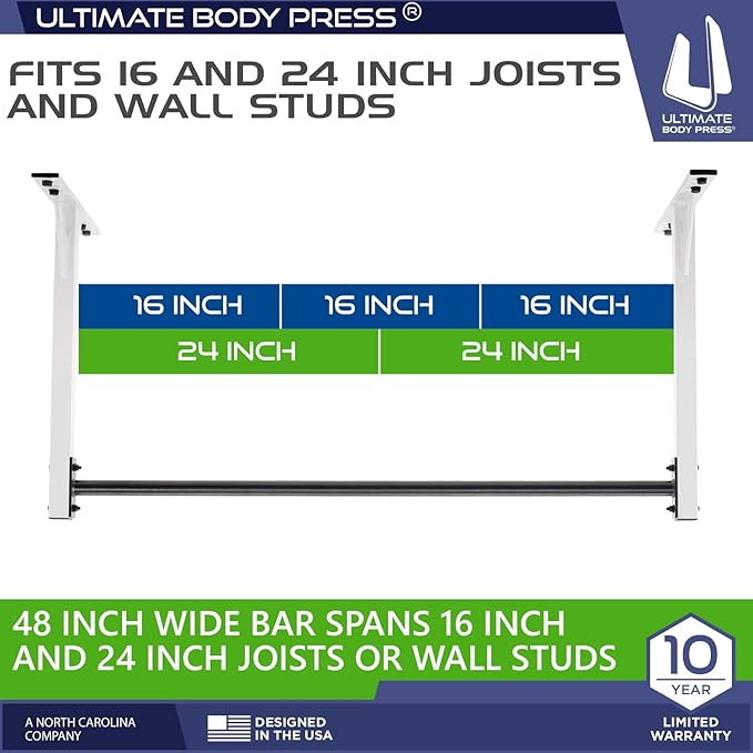 Wall or Ceiling Mount Pull Up Bar with 48” Straight Bar and 22” Risers, Double Wall Mounting Plates Fit 16” or 24” Studs and Joists by Ultimate Body Press
