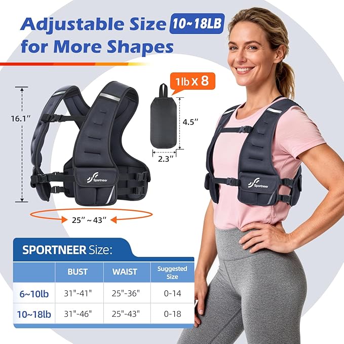Sportneer Adjustable Weighted Vest Woman: 6-10lb/10-18lb Weighted Walking Vest for Women with 4/8 Weight Packs Fast Adjust Comfortable Weight Vest for Home Gym Burn Calories Strength Training Vests