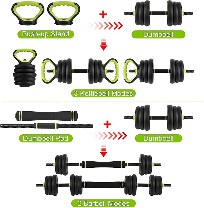 Adjustable Dumbbell Set 44LB, 4-in-1 Free Weight Set with Barbell & Kettlebell & Push-Up Handles, Compact All-in-One Home Gym for Men & Women, Anti-Slip Grip, Quiet Rubber-Coated Plates