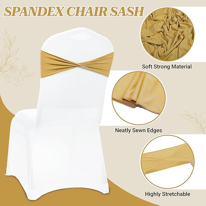 VDS Pack of 125 PCS | Gold | Spandex Chair Sashes Bows Without Buckle | Stretch Elastic Banquet Universal Folding Chair Band Tie with for Wedding Party Conference Celebration Event Decoration