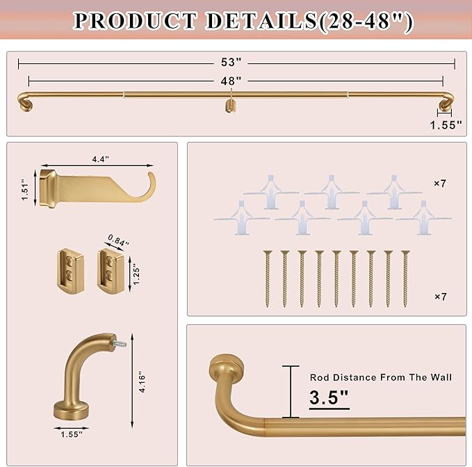 Warm Gold Curtain Rods 2 Pack,1 Inch Disc Curtain Rods for Windows 28 to 48",Blackout Wrap Around Curtain Rod with Aluminum Finials and Brackets,No Screw Disassembly Adjustable Curved Curtain Rod