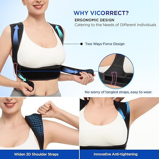Vicorrect Posture Corrector for Women and Men, Adjustable Upper Back Brace for Clavicle Support and Providing Pain Relief from Neck, Shoulder, and Upper Back (Black, Small/Medium)
