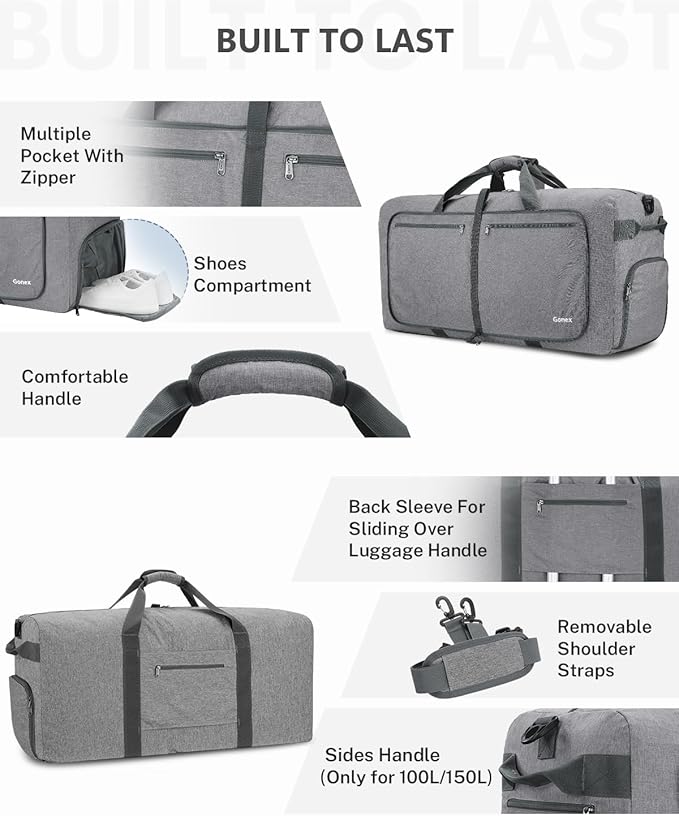 Gonex Large Foldable Travel Duffle Bag with Shoes Compartment, Packable Lightweight Water Repellent Duffel Bag for Camping Gym Weekender Bag