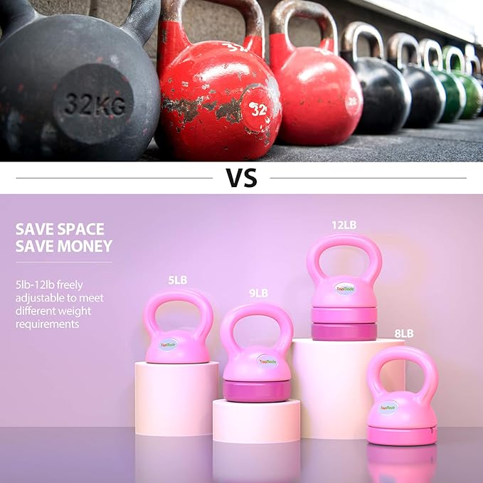 TopMade Adjustable Kettlebell Weights Set Cast Iron Exercise Fitness Kettle Ball Grip 5, 8, 9,12lb Free Weight Men Women Kettlebells for Home Gym Workout Ballistic, Core,Strength Training