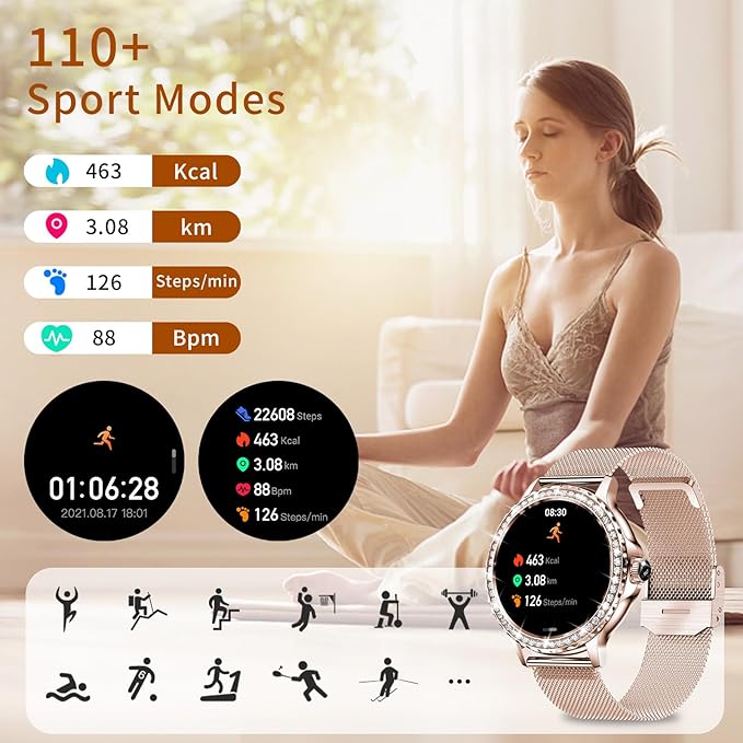 Smart Watches for Women (Answer/Make Call) with Diamonds, 1.3”HD Screen Bluetooth Smartwatch for Android iOS Phones, IP68 Waterproof Fitness Activity Trackers with Heart Rate/SpO2/BP/Sleep Monitor
