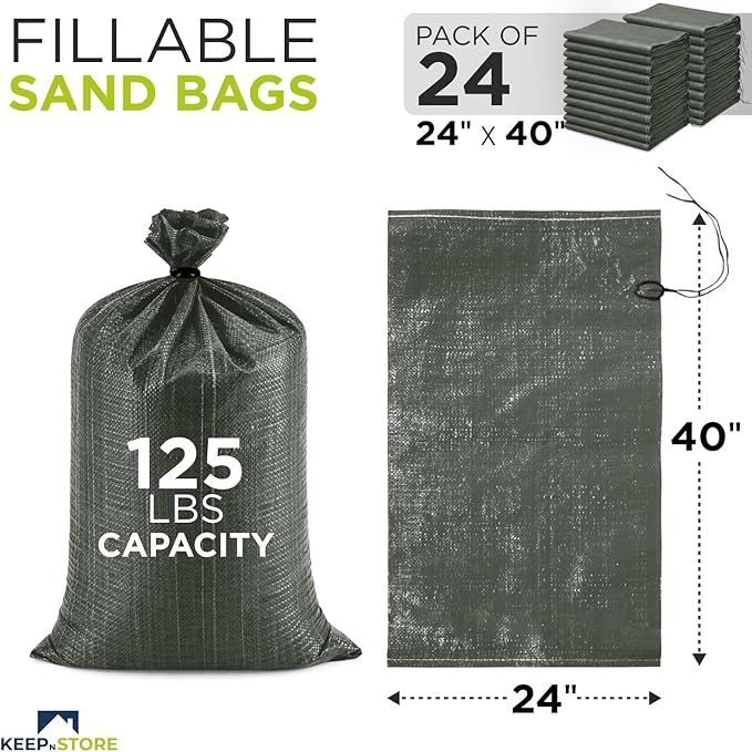 Heavy Duty Sand Bags Pack of 24, Army Green Empty Sandbags with Built-In Ties, Woven Polypropylene UV Protection 1600 Hours, Fillable Bags for Flood Control, Weight, 24x40 inches, 125 Pounds Volume