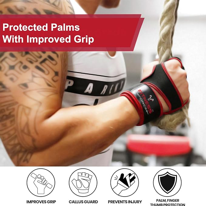 FITNESS FORCE Ventilated Weightlifting Gloves Workout Gloves for Men & Women with Built-in Wrist Wraps Fingerless Gym Gloves for Men Perfect for Exercise Fitness, Weight Lifting, Cross Training