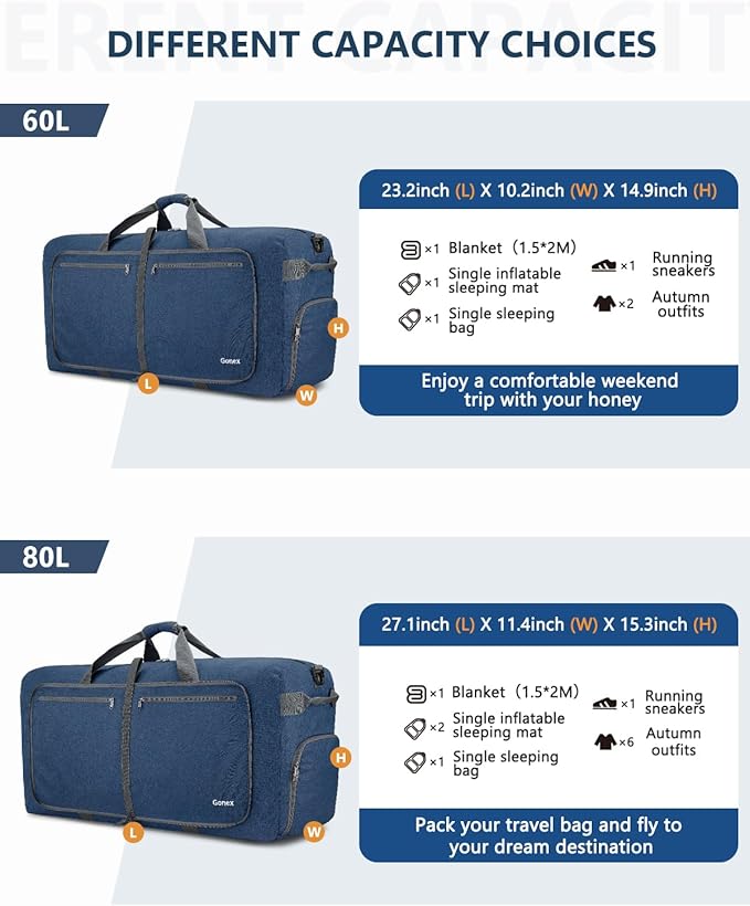 Gonex Large Foldable Travel Duffle Bag with Shoes Compartment, Packable Lightweight Water Repellent Duffel Bag for Camping Gym Weekender Bag