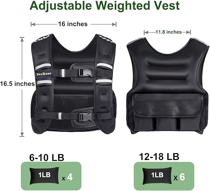 Adjustable Weighted Vest for Women and Men, DecRose 6-10lb/12-18lb Rucking Vest with 6 Ironsand Weights, Body Weight Vest for Home Workouts, Running, Walking and Strength Training
