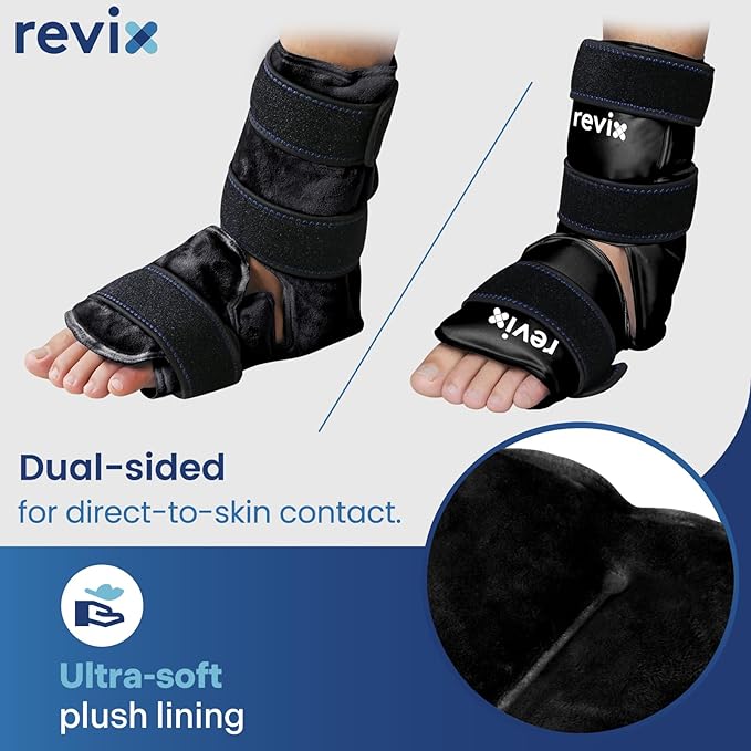 REVIX Ice Packs for Ankle Injuries Reusable, Ankle Ice Wrap with Cold Compression for Feet Pain Relief, Plantar Fasciitis and Achilles Tendonitis, Soft Plush Lining, 2 Packs, Black