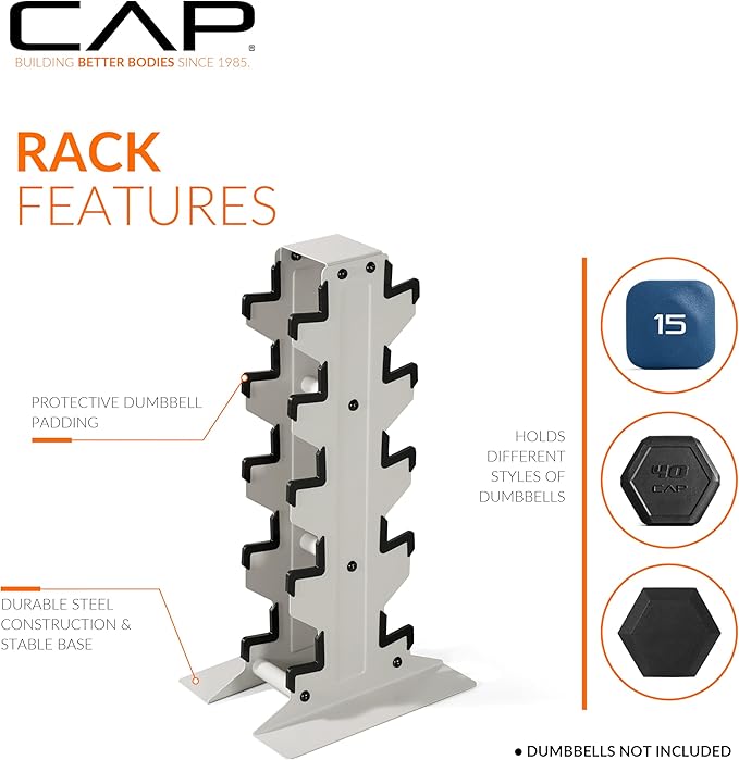 CAP Barbell Rubber Coated Hex Dumbbell Set with Vertical Rack | 100-300 lbs Free Weights Dumbbells Set for Home Gym | Multiple Options