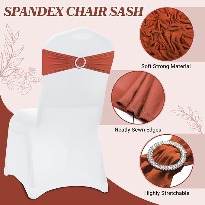 VDS - Terracotta | Spandex Chair Sashes Bows | 250 PCS | Stretch Elastic Banquet Universal Folding Chair Band Tie with Silver Buckle Slider for Wedding Party Conference Celebration Event Decoration