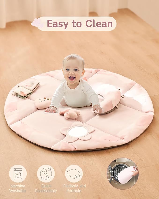 Fortella Baby Play Gym & Activity Mat, Machine Washable & Foldable Tummy Time Mat with 5 Detachable Toys, Certified Safe Newborn Essentials Gift for Baby Registry 0-12 Months (Rose Pink)