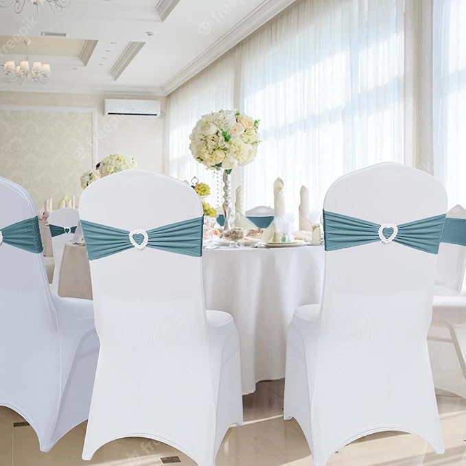 Howhic Pack of 120 Spandex Chair Sashes Bows Stretch Chair Cover Band with Buckle Slider Universal Elastic Chair Ties for Wedding Banquet Party Event Decoration (Dusty Blue)