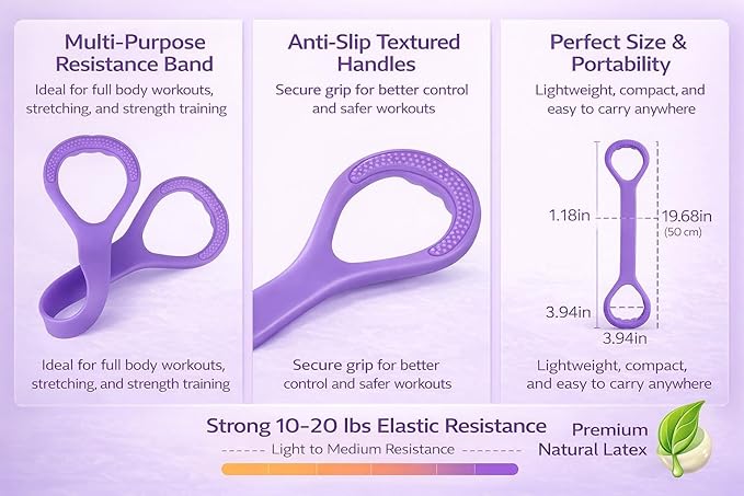 Figure 8 Resistance Band for Exercise – Stretch Band for Arms, Legs, Core & Shoulders – Elastic Workout Band for Home Fitness, Yoga, Pilates & Physical Therapy – Portable Training Equipment, Purple