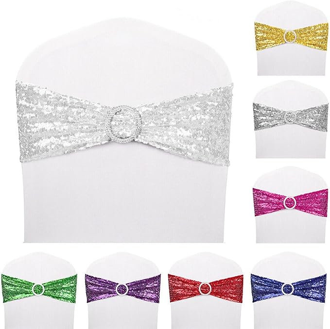 Dimatic 50 PCS Stretch Sequin Chair Sashes Chair Stretchy Spandex Bands for Wedding Reception Events Banquets Chairs Decoration (White)
