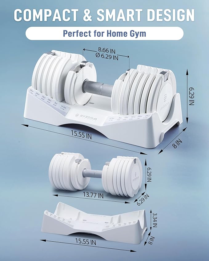 BYZOOM FITNESS Pure Series Adjustable Dumbbell - 12.5/25/27.5/75lb - ONE UNIT OR PAIR(check QTY before purchase) - 5-in-1/ 10-in-1 / 21-in-1 Flexible Hand Weights for Home Gym, Strength Training & Fitness Workouts, White OR Black