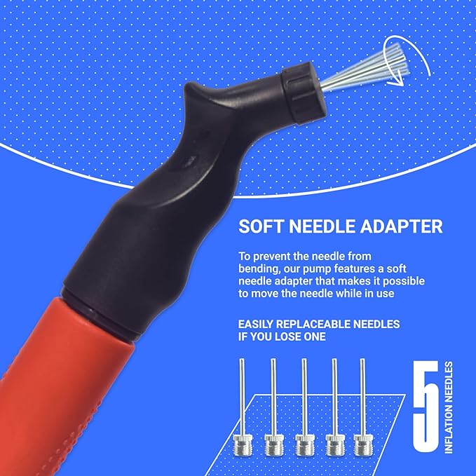 SPORTBIT Ball Pump for Sports Balls - Push & Pull Inflating System - Hand Pump for All Exercise Balls - Volleyball Pump, Basketball Inflator, Football & Soccer Ball Air Pump - Goes with 5 Needles Set