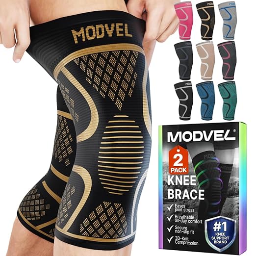Modvel 2 Pack Knee Brace for Women & Men - Knee Support for Walking, Knee Compression Sleeves for Pain Relief, Knee Sleeves for Women, Knee Sleeves for Men, Knee Brace for Sports, Workouts & Arthritis