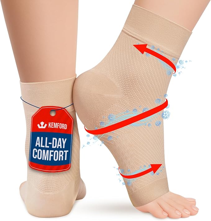 KEMFORD Ankle Compression Sleeve - 1-Pair, Plantar Fasciitis Braces - Open Toe Compression Socks for Swelling, Sprain, Neuropathy, Arch Support for Men and Women