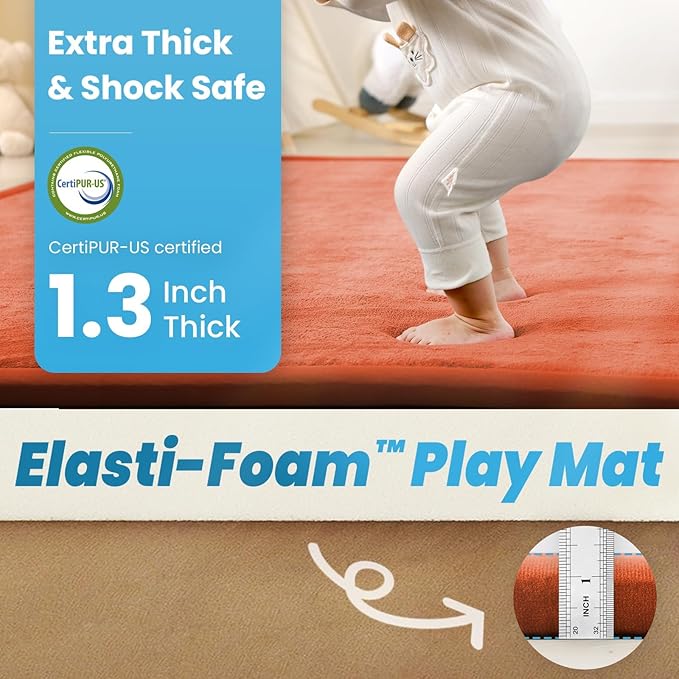 1.3" Thick Baby Floor Play Mat, 59x79 Padded Foam Tummy Time Crawling Mat, Non-Slip Water-Repellent Soft Plush Nursey Area Rug for Playroom Bedroom Living Room (Brick)