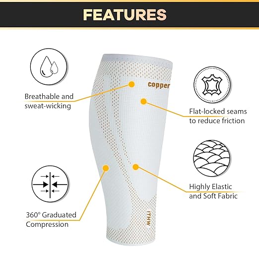Copper Calf Compression Sleeves for Men & Women - High Stretch Graduated Compression with Anti-Slip Grip | Breathable & Smooth Lining Footless Design for Runners, Shin Splints, Leg Fatigue & Travel (Light Gray, XX-Large)