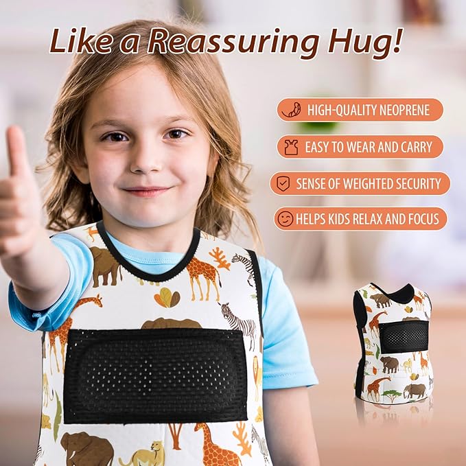 Janmercy Weighted Vest for Kids Ages 4 to 7 and Ages 8+ Boy Girl Adjustable Breathable Compression Vest for Processing Issue(Wildlife,Small,Beige)