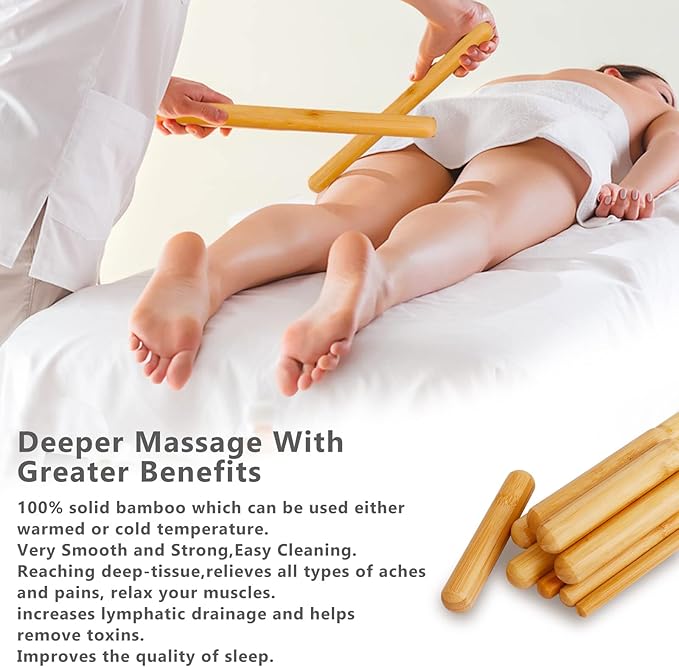 Bamboo Massage Stick Sets for Body Shaping, Massage Roller Sticks, Guasha Massage Sticks,Bamboo Therapy Massage Tools for Relax Muscles (10)
