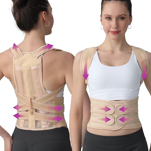 Posture Corrector for Women and Men, Adjustable Shoulder Straightener with Full Back Support, Relief for Lower & Upper Back Pain, Spine, Scoliosis Relief (Beige, Medium)