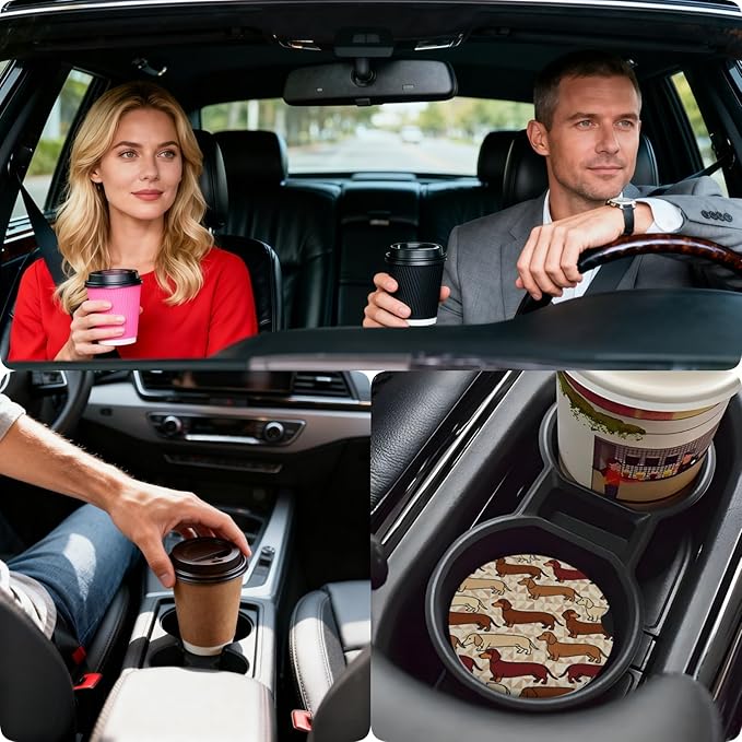 Car Cup Holder Coasters, 2 Pcs Ceramic Coasters with Finger Slot and Cork Back, Anti-Slip Shock Absorbing Women and Men Universal Car Accessories - Retro Wiener Dog