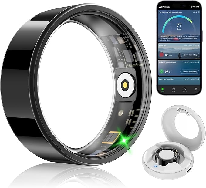 Smart Fitness and Activity Ring for Men and Women - Track Heart Rate Stress Sleep Steps and Blood Oxygen, 10ATM Waterproof Fitness Tracker for iPhone and Android, No Subscription Fee, Size 9
