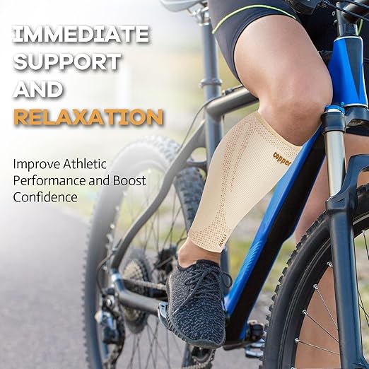Copper Calf Compression Sleeves for Men & Women - High Stretch Graduated Compression with Anti-Slip Grip | Breathable & Smooth Lining Footless Design for Runners, Shin Splints, Leg Fatigue & Travel (Nude, Large)