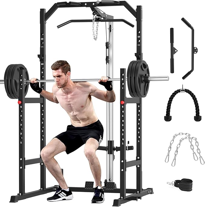 ULTRA FUEGO Power Cage, Multi-Function Power Rack with Pulley System Strength Training for Home Gym, Bench Press Squat LAT Pull-Down Pull-up Rowing, All in One Workout Cage