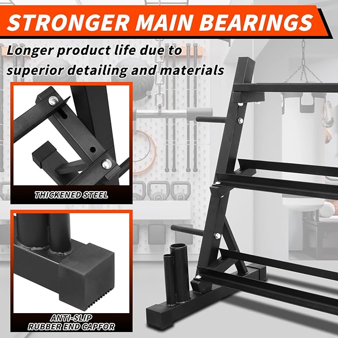 PENSUN Dumbbell Rack – 3 Tier Adjustable Weight Storage Stand with Side Barbell Plate Holder – Multi Purpose Home Gym Organizer for Dumbbells, Kettlebells, Barbell